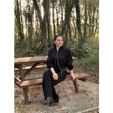 Leopar desen saten takım siyah