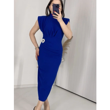 Mavi BROŞLU Vatkalı Krep Elbise