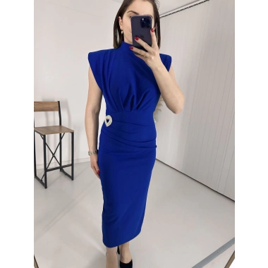 Mavi BROŞLU Vatkalı Krep Elbise