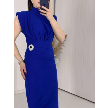 Mavi BROŞLU Vatkalı Krep Elbise