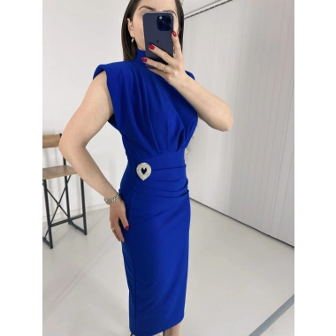 Mavi BROŞLU Vatkalı Krep Elbise