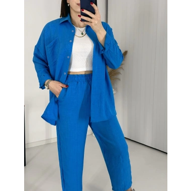 Mavi Keten Pantolon Gömlek İkili Takım