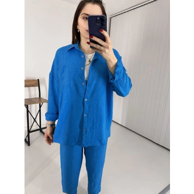 Mavi Keten Pantolon Gömlek İkili Takım