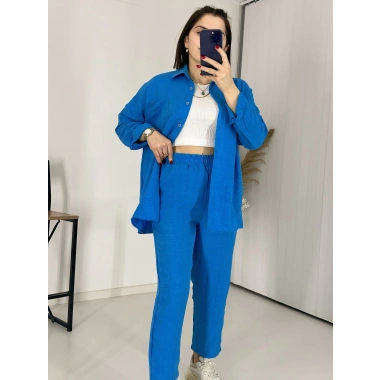 Mavi Keten Pantolon Gömlek İkili Takım