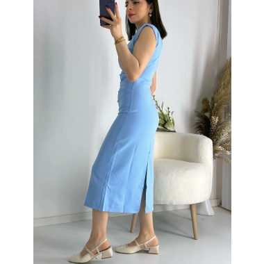 Mavi Omuz Vatkalı Drape Elbise