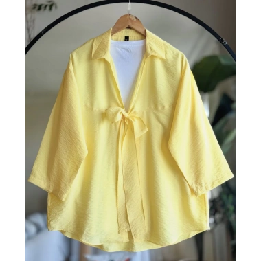 Ön Bağlamalı Kimono Keten Gömlek Sarı