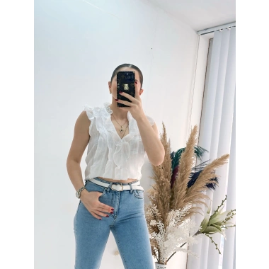 Önü Fırfır Detaylı Bluz Gömlek Beyaz