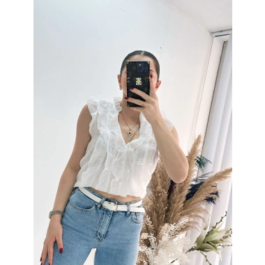 Önü Fırfır Detaylı Bluz Gömlek Beyaz
