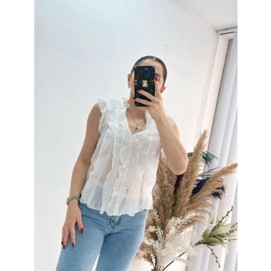 Önü Fırfır Detaylı Bluz Gömlek Beyaz
