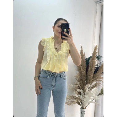 Önü Fırfır Detaylı Gömlek Bluz Sarı