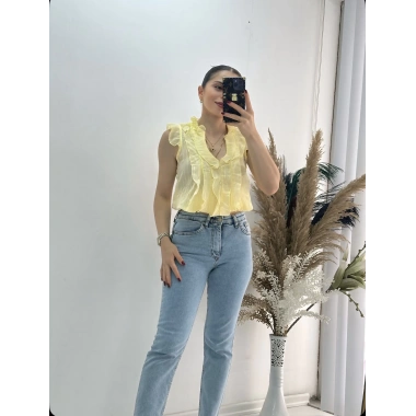 Önü Fırfır Detaylı Gömlek Bluz Sarı