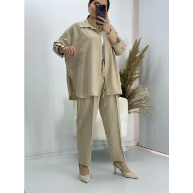 Pamuklu Keten İkili Takım Bej