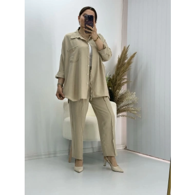 Pamuklu Keten İkili Takım Bej