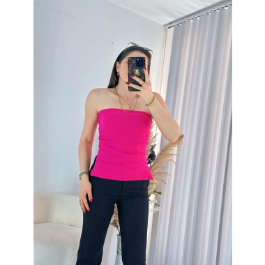 Pembe Çift Yırtmaçlı Straplez Bluz