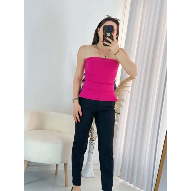 Pembe Çift Yırtmaçlı Straplez Bluz