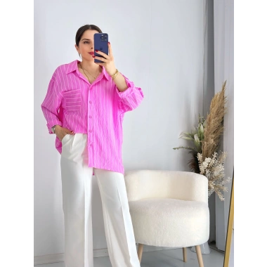 Pembe Çizgili omuz Düşük Gömlek