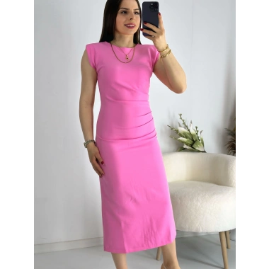 Pembe Omuz Vatkalı Drape Elbise