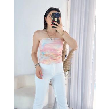 Pembe Straplez Tül Bluz