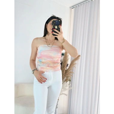 Pembe Straplez Tül Bluz