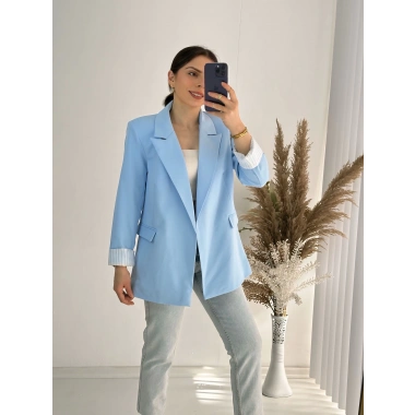 Premium Kalite Kravuze Yaka Astar Çizgili Ceket Mavi