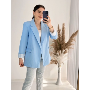 Premium Kalite Kravuze Yaka Astar Çizgili Ceket Mavi