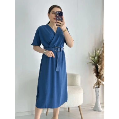 Saks Kravuze Yaka Keten Elbise