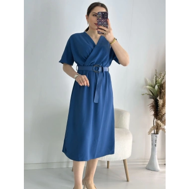 Saks Kravuze Yaka Keten Elbise