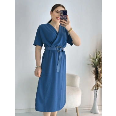 Saks Kravuze Yaka Keten Elbise