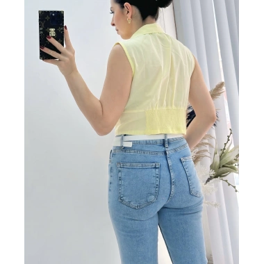 Sarı Sıfır Kol Beli Gipe Lastikli Korseli Poplin Gömlek