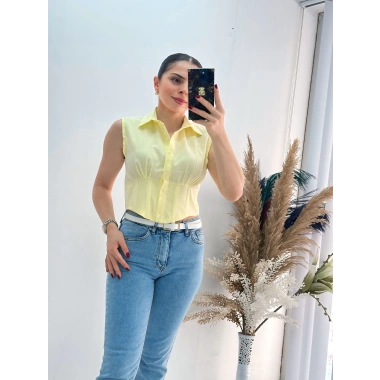 Sarı Sıfır Kol Beli Gipe Lastikli Korseli Poplin Gömlek
