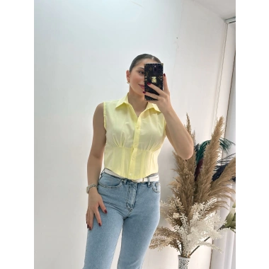 Sarı Sıfır Kol Beli Gipe Lastikli Korseli Poplin Gömlek