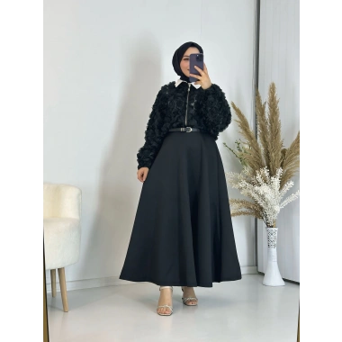 Scuba Kumaş Kloş Etek Siyah