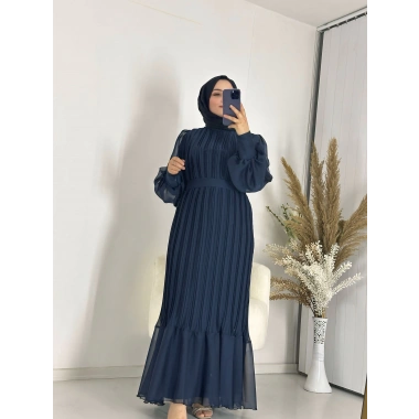 Sık Pileli Balon Kol Elbise Lacivert