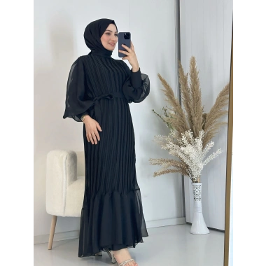 Sık Pileli Balon Kol Elbise Siyah