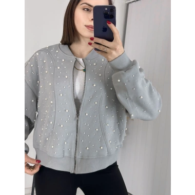 Şık Tasarımlı İncili Şardonlu Crop Top Sweatshirt Gri