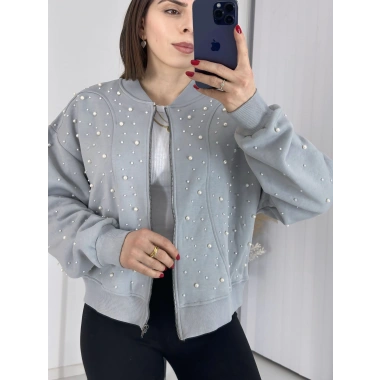 Şık Tasarımlı İncili Şardonlu Crop Top Sweatshirt Gri