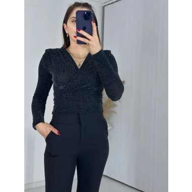 Simli Kravuze Yaka Bluz Siyah