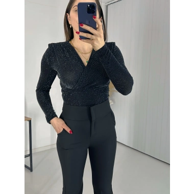 Simli Kravuze Yaka Bluz Siyah