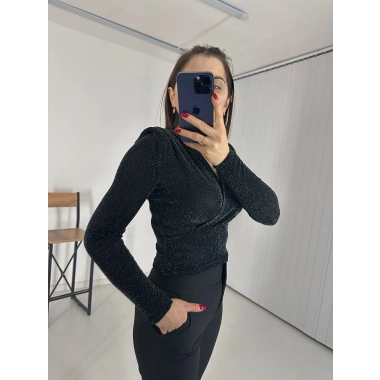 Simli Kravuze Yaka Bluz Siyah