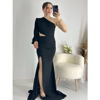 Siyah Bel Dekolteli İthal Krep Kumaş Tek Kol Abiye