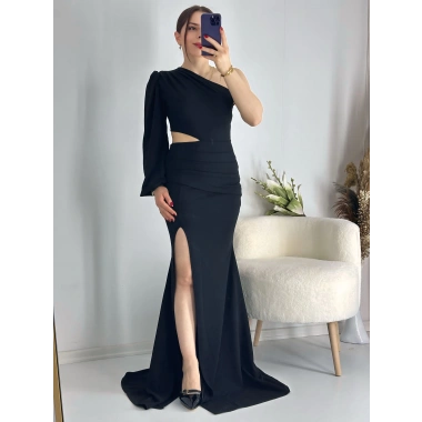 Siyah Bel Dekolteli İthal Krep Kumaş Tek Kol Abiye