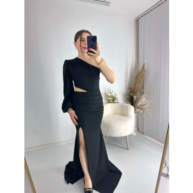 Siyah Bel Dekolteli İthal Krep Kumaş Tek Kol Abiye