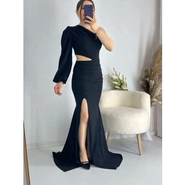 Siyah Bel Dekolteli İthal Krep Kumaş Tek Kol Abiye