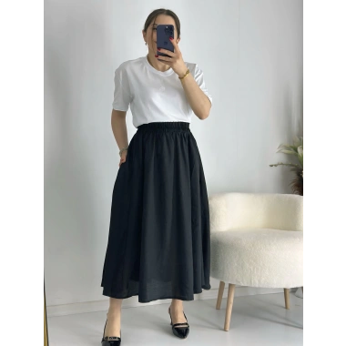 Siyah Beli Lastiklı Kloş Balon Etek