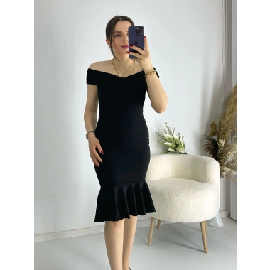 Siyah Çapraz Yaka Kolsuz Etek Ucu Valonlu Kalem Elbise