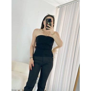 Siyah Çift Yırtmaçlı Straplez Bluz