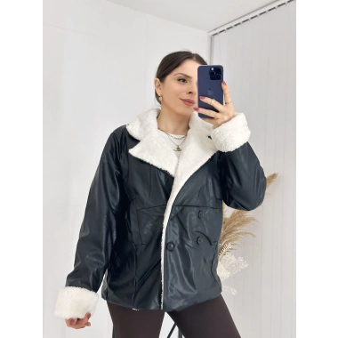 Siyah İçi Kürklü Deri Mont