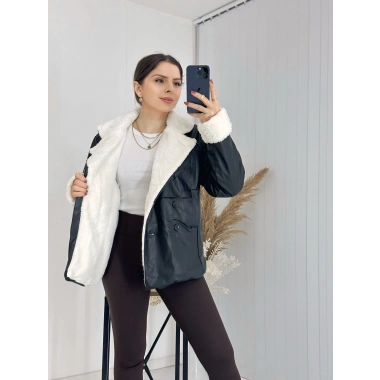 Siyah İçi Kürklü Deri Mont