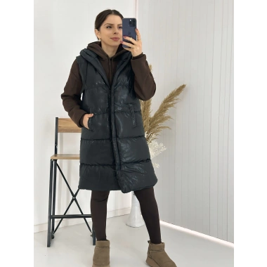 Siyah Kapişonlu Uzun Şişme Yelek