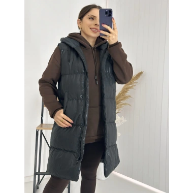 Siyah Kapişonlu Uzun Şişme Yelek